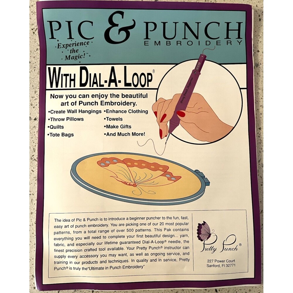 Punch Needle Embroidery Kit Adjustable Pen Hoop Threader Instructions Vintage